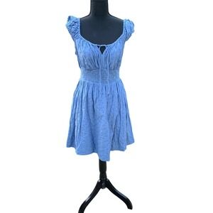 Boho Blue Eyelet Dress Women's Medium Smocked Waist Puff Sleeve Cottagecore